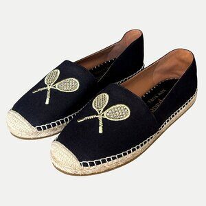 Kate Spade Doubles Embroidered Tennis Racquet Canvas Black Espadrilles Size 9